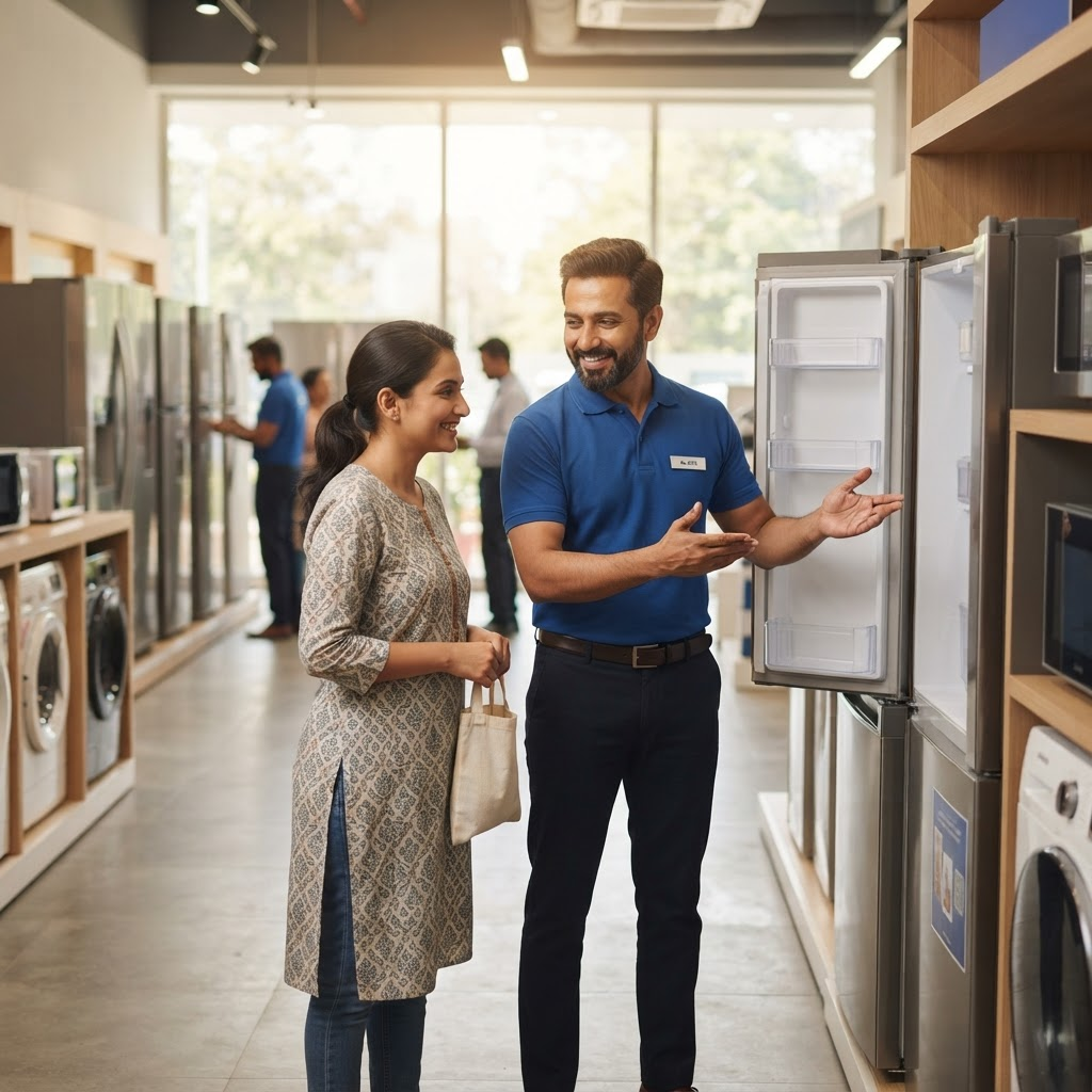 A Sales India team member helping a customer in the Bhilwara showroom